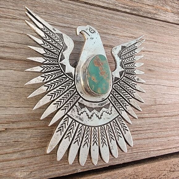 Vintage Navajo Large Eagle Thunderbird Royston Turquoise Bolo Tie - Picture 5 of 11
